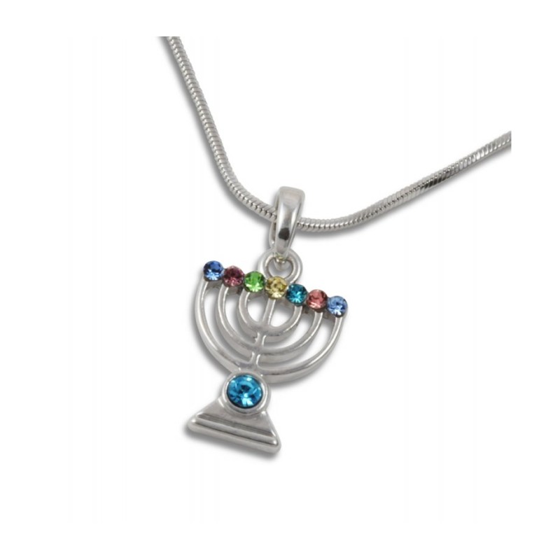 Rhodium Plated Pendant Necklace 7 Branch Menorah... | Menorah Pendants
