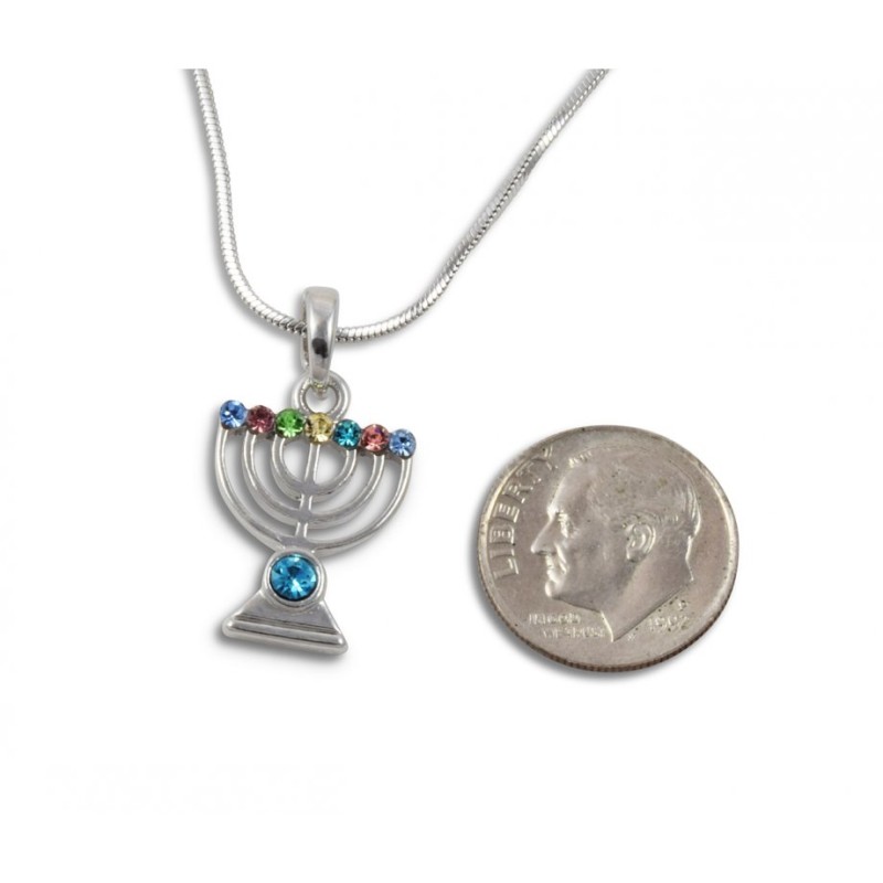 Rhodium Plated Pendant Necklace 7 Branch Menorah... | Menorah Pendants