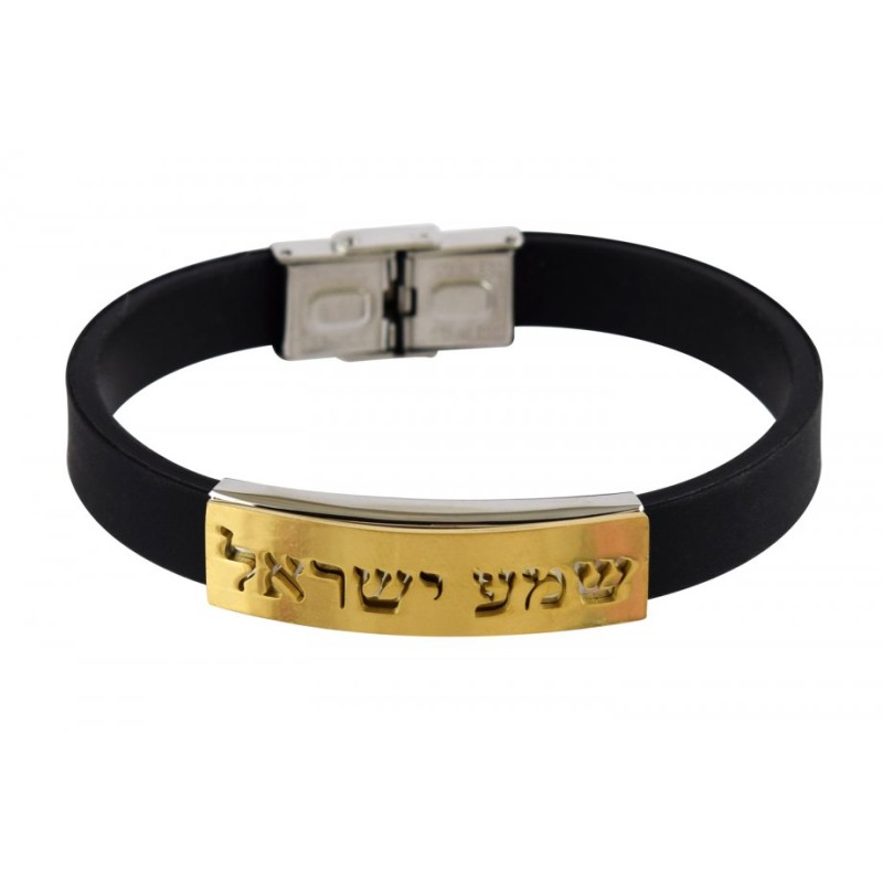 Black Rubber Wristband Bracelet with Gold... | Israeli Fashion Jewelry