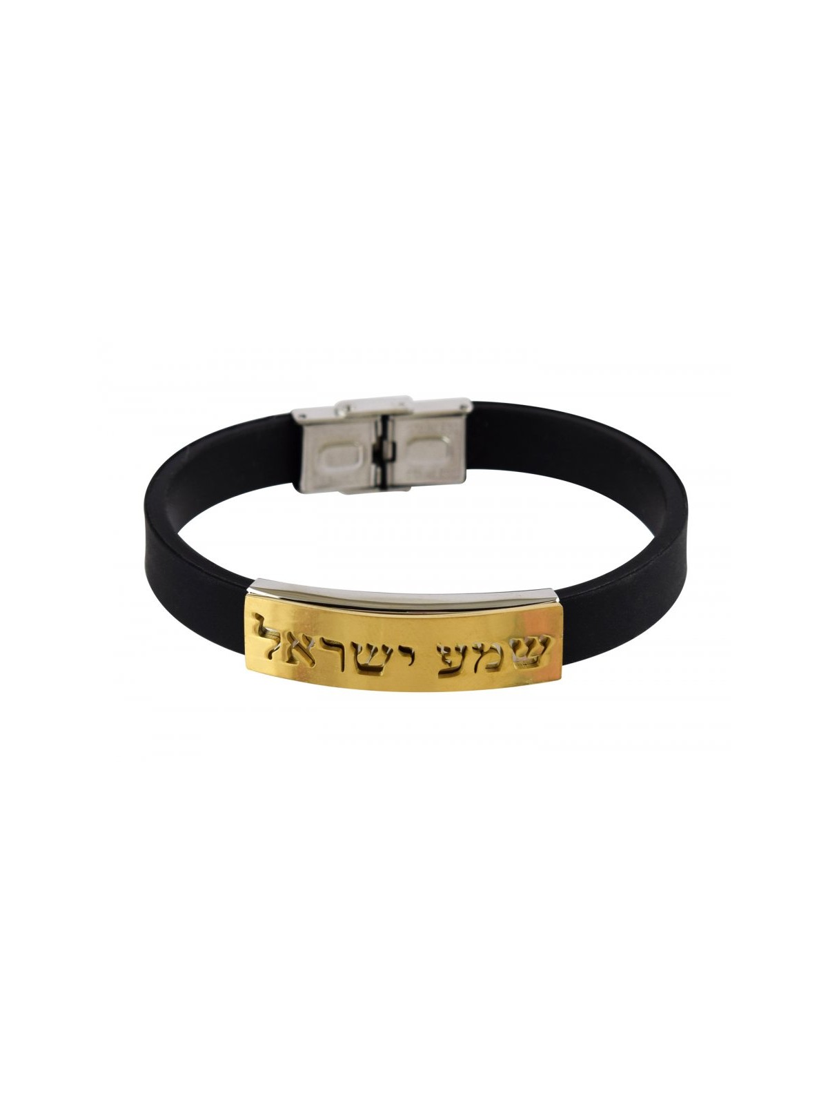 Black Rubber Wristband Bracelet with Gold... | Israeli Fashion Jewelry