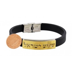 Black Rubber Wristband Bracelet with Gold... | Israeli Fashion Jewelry