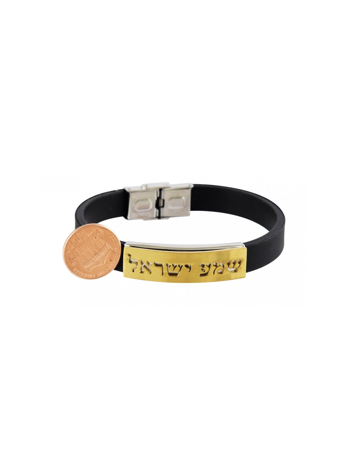 Black Rubber Wristband Bracelet with Gold... | Israeli Fashion Jewelry