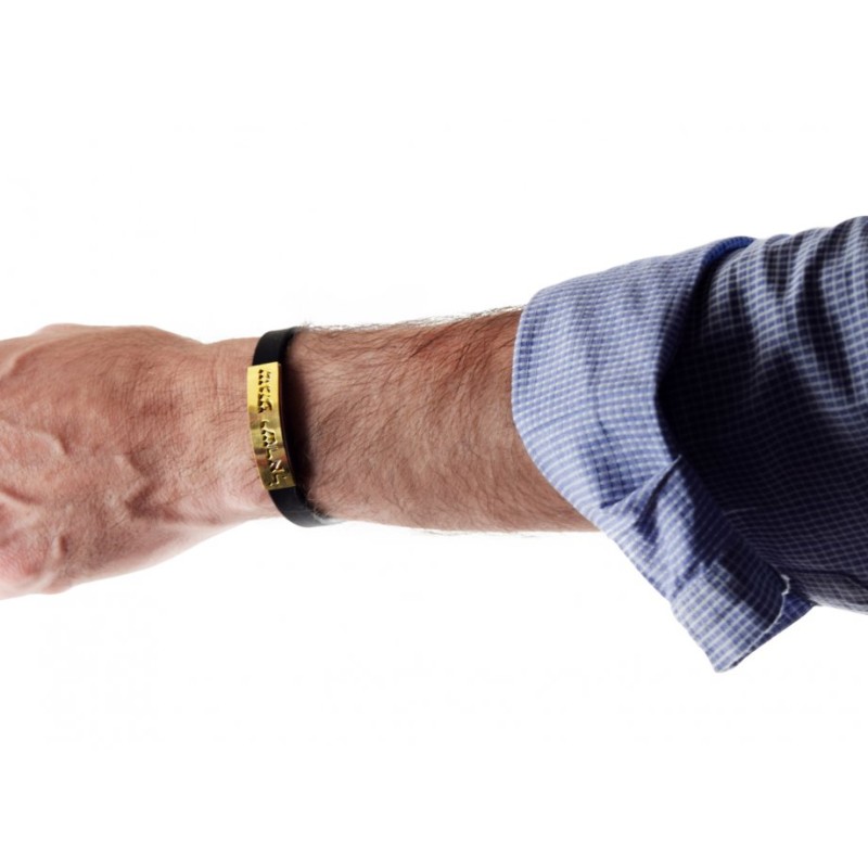 Black Rubber Wristband Bracelet with Gold... | Israeli Fashion Jewelry