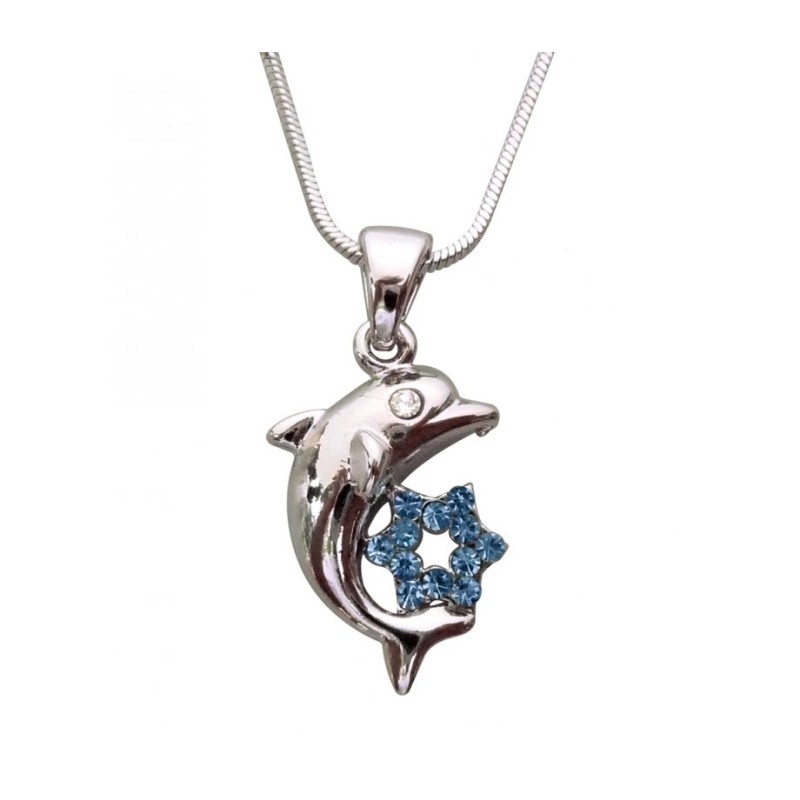 Rhodium Pendant Necklace Dolphin with Gle... | Jewish Gift from Israel