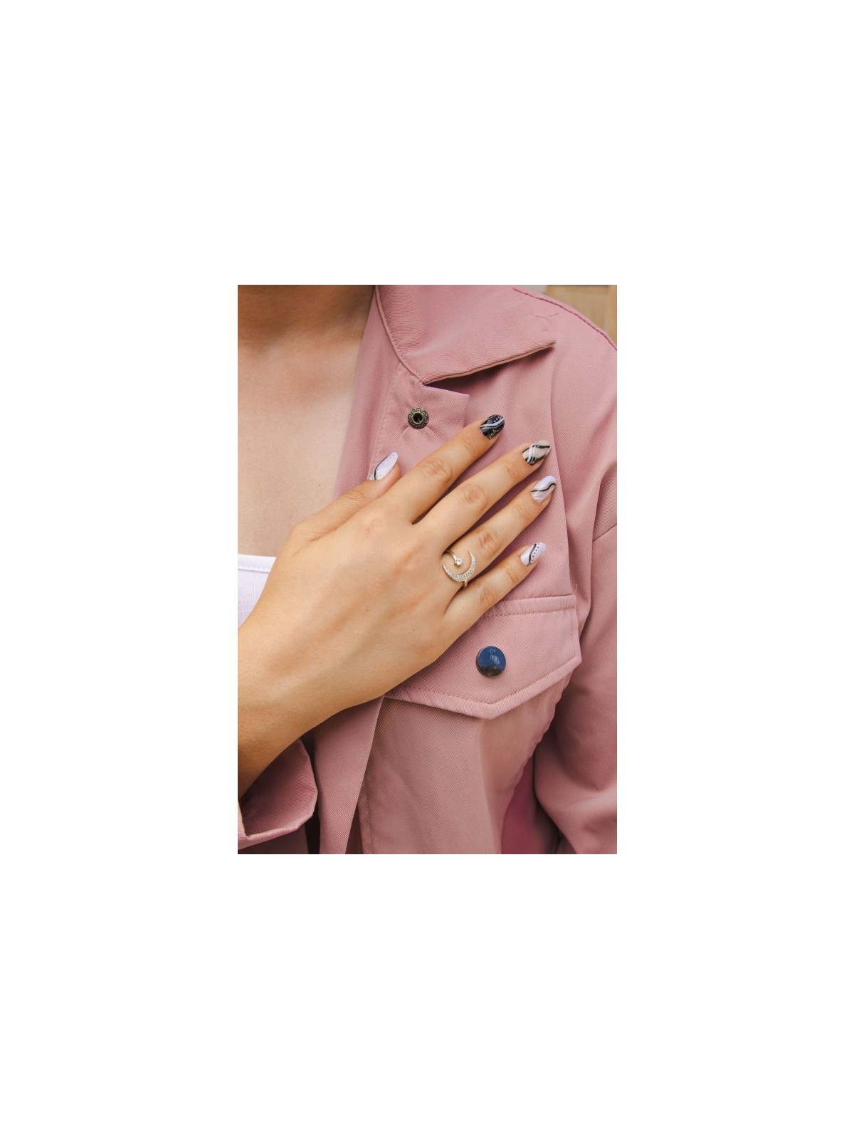 Bague réglable en argent sterling avec croissant de zircons... | Anneaux juifs