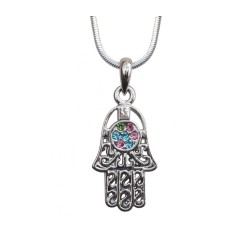 Collier Pendentif Rhodium Hamsa avec Pierres Colorées | Collier Hamsa