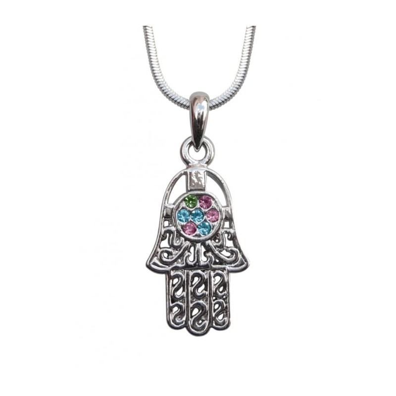 Rhodium Pendant Necklace Hamsa with Colored Stones | Hamsa Necklace
