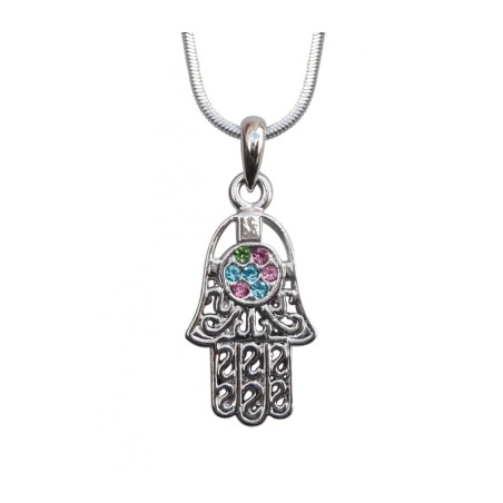 Collier Pendentif Rhodium Hamsa avec Pierres Colorées | Collier Hamsa
