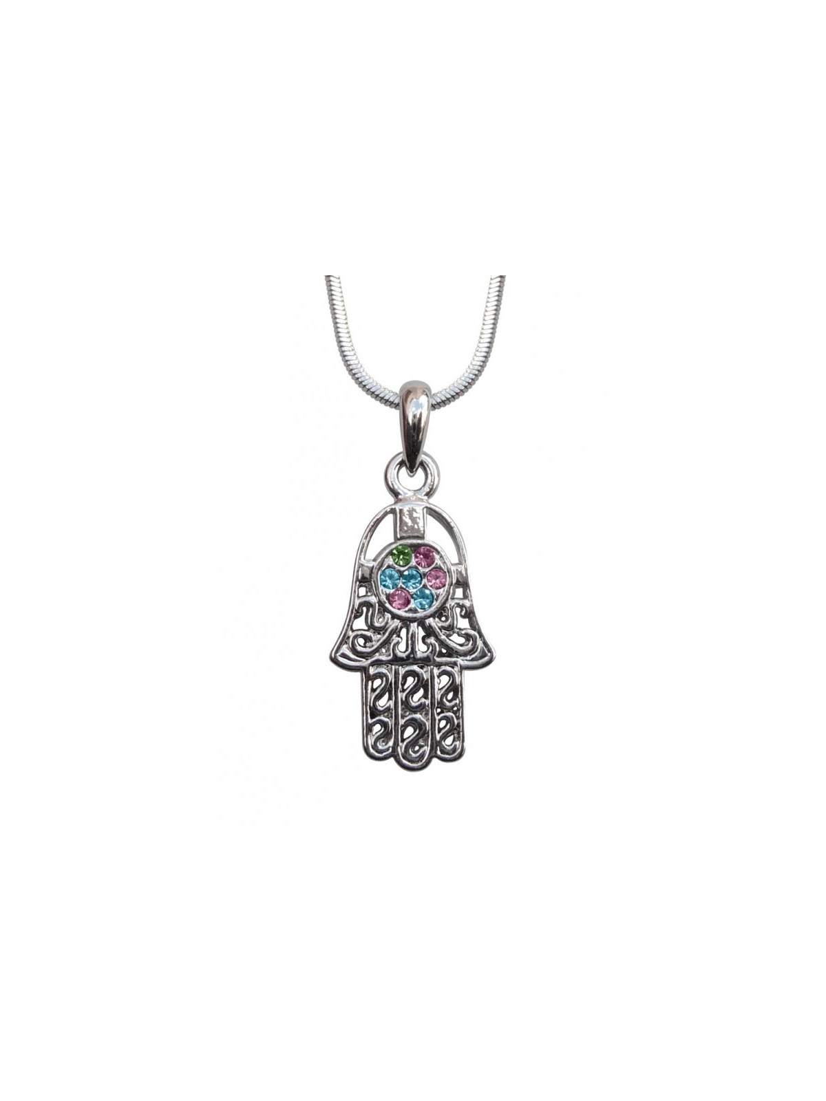 Collier Pendentif Rhodium Hamsa avec Pierres Colorées | Collier Hamsa