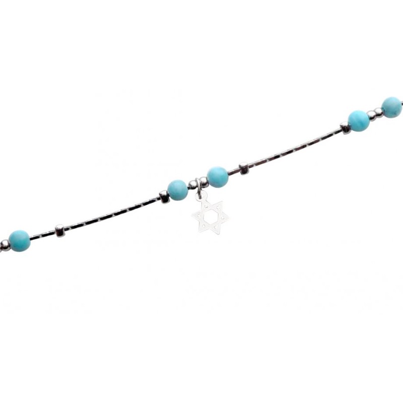 Bracelet de cheville Argent Rhodié avec Perles Bleues et Argent... | Bracelets de cheville Judaica