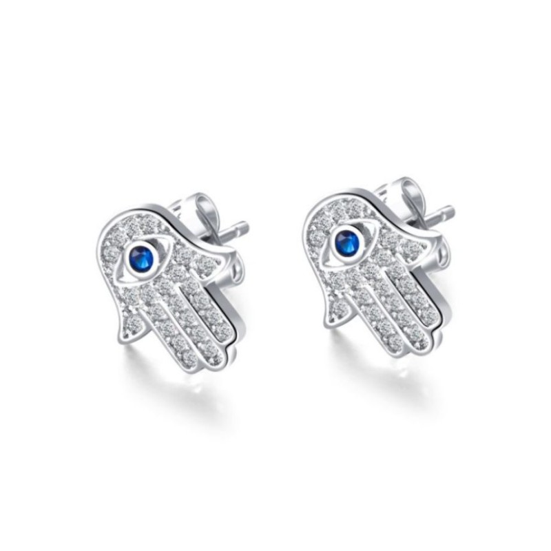 Sterling Silver Hamsa Stud Earrings with Blue and White ... | Earrings