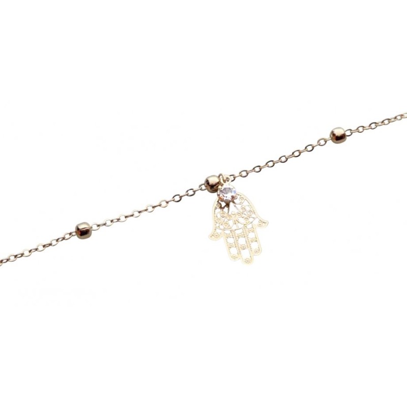 Anklet Gold Rhodium with Gold Beads and Hamsa | Judaica Anklets