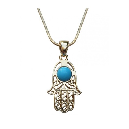Collier pendentif rhodium en filigrane Hamsa avec bleu... | Collier Hamsa