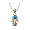 Rhodium Pendant Necklace Filigree Hamsa with Blue ... | Hamsa Necklace