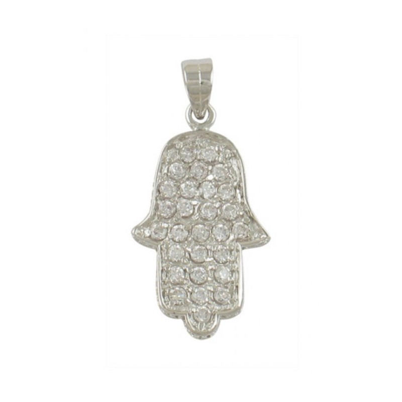 Rhodium Plated Zirconium Hamsa Pendant | Hamsa Necklace