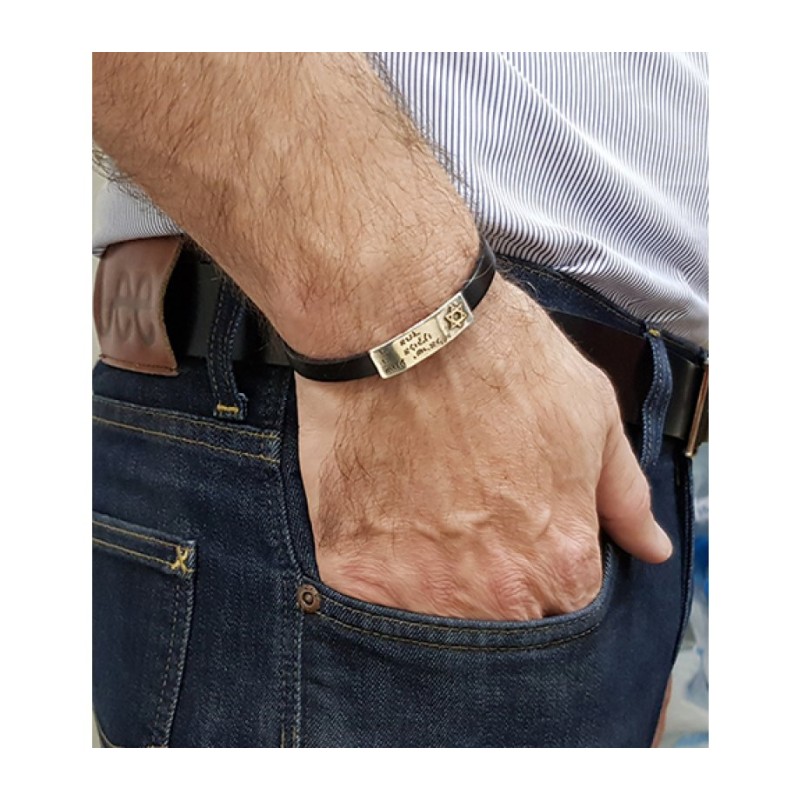 Golan Studio Men Leather Bracelet Silver Hebrew Shema... | Men Jewelry