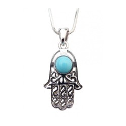 Rhodium Pendant Necklace Hamsa with Blue Stone | Hamsa Necklace