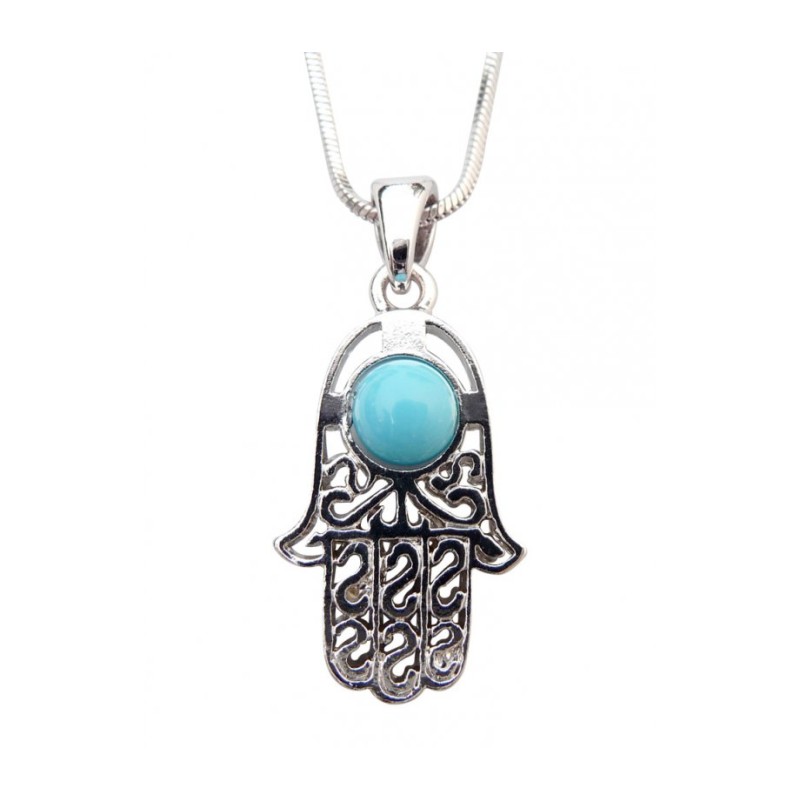 Rhodium Pendant Necklace Hamsa with Blue Stone | Hamsa Necklace