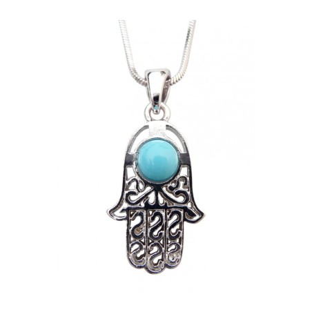 Rhodium Pendant Necklace Hamsa with Blue Stone | Hamsa Necklace