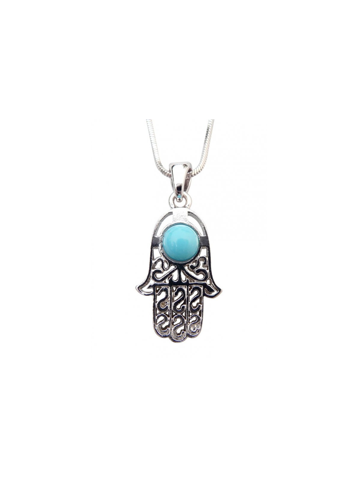 Rhodium Pendant Necklace Hamsa with Blue Stone | Hamsa Necklace