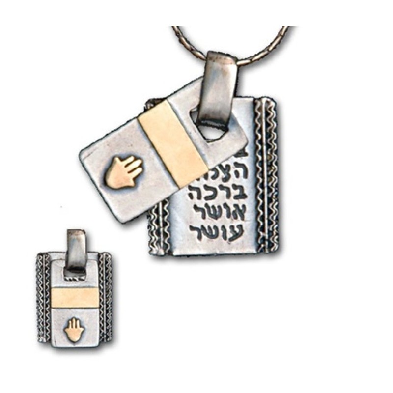 Silver and 14K Hamsa Pendant with Blessings | Hamsa Necklace