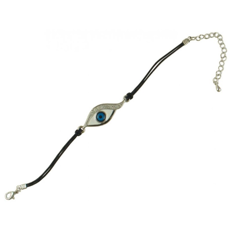 Enamel eye with stones on black leather cord | Jewish Gift from Israel