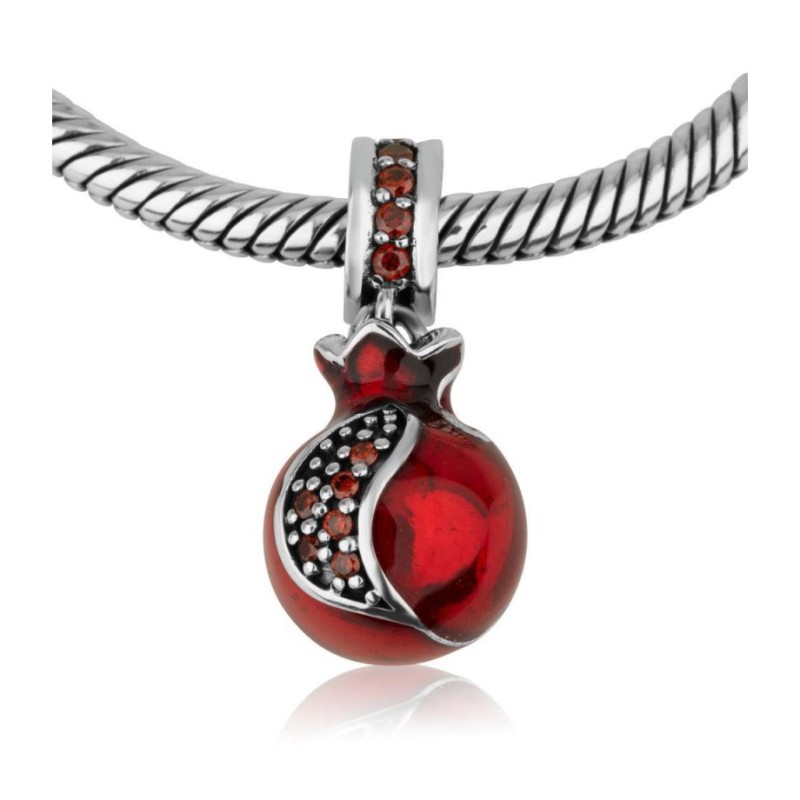 Sterling Silver Red Pomegranate Charm with stones | Judaica Charms