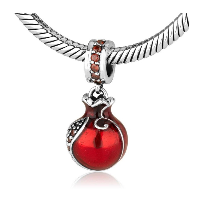 Sterling Silver Red Pomegranate Charm with stones | Judaica Charms