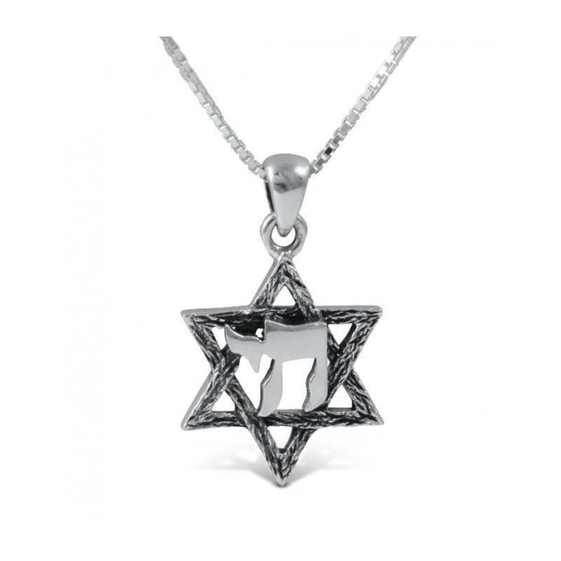 Star of David with Hebrew Chai 925 Ster... | Chai Necklaces & Pendants