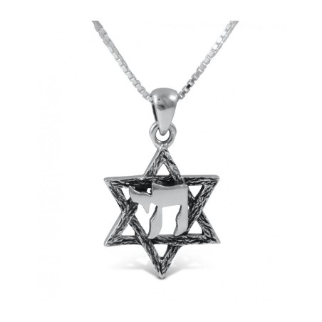 Star of David with Hebrew Chai 925 Ster... | Chai Necklaces & Pendants
