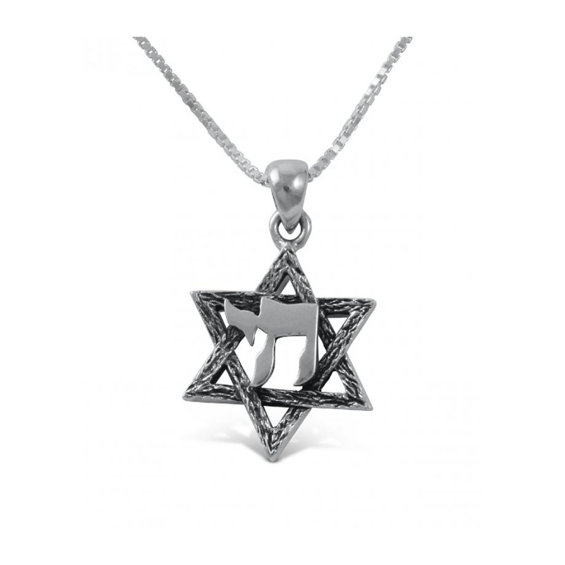 Star of David with Hebrew Chai 925 Ster... | Chai Necklaces & Pendants