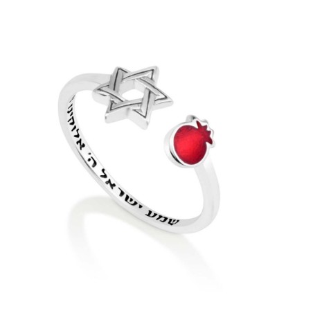 Bague ouverte en argent sterling Grenade rouge et étoile o... | Anneaux juifs