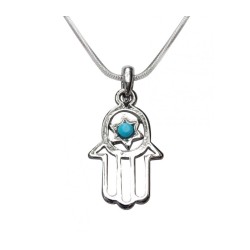 Pendant Necklace Open Hamsa with Blue Stone in Sta... | Hamsa Necklace