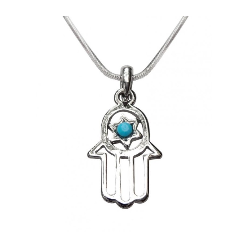 Pendant Necklace Open Hamsa with Blue Stone in Sta... | Hamsa Necklace