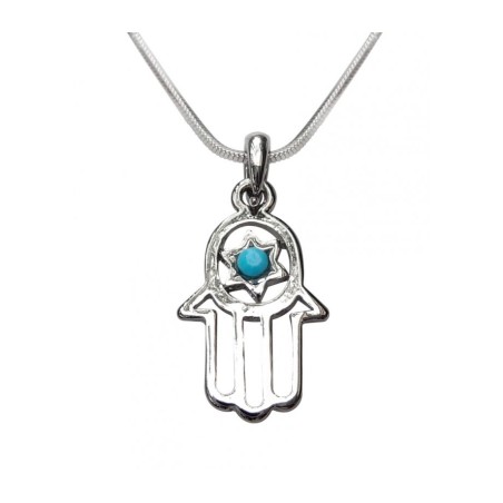 Pendant Necklace Open Hamsa with Blue Stone in Sta... | Hamsa Necklace