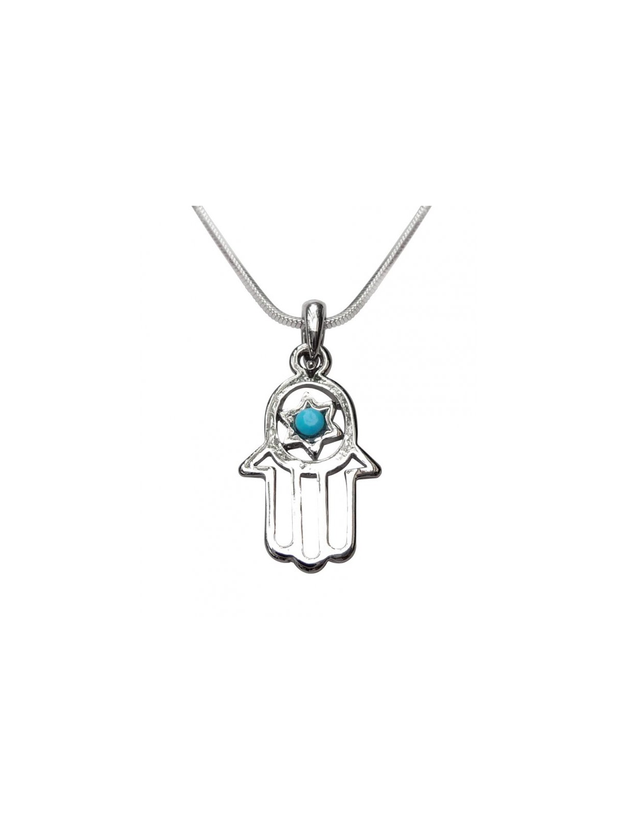 Pendant Necklace Open Hamsa with Blue Stone in Sta... | Hamsa Necklace