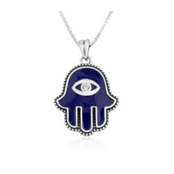 Sterling Silver Pendant Necklace Blue Enamel Hamsa... | Hamsa Necklace