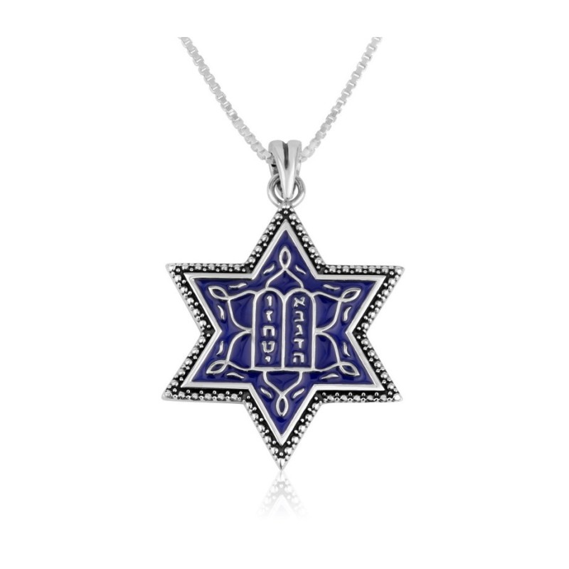 Sterling Silver Pendant Necklace Blue Enamel Ten C... | Jewish Pendant