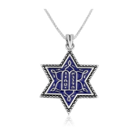Sterling Silver Pendant Necklace Blue Enamel Ten C... | Jewish Pendant