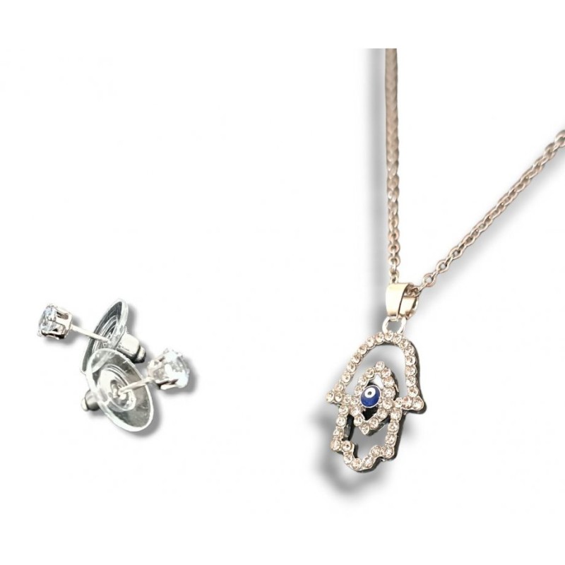 Hamsa Pendant Necklace with Stud Earrings Rhodium ... | Hamsa Necklace