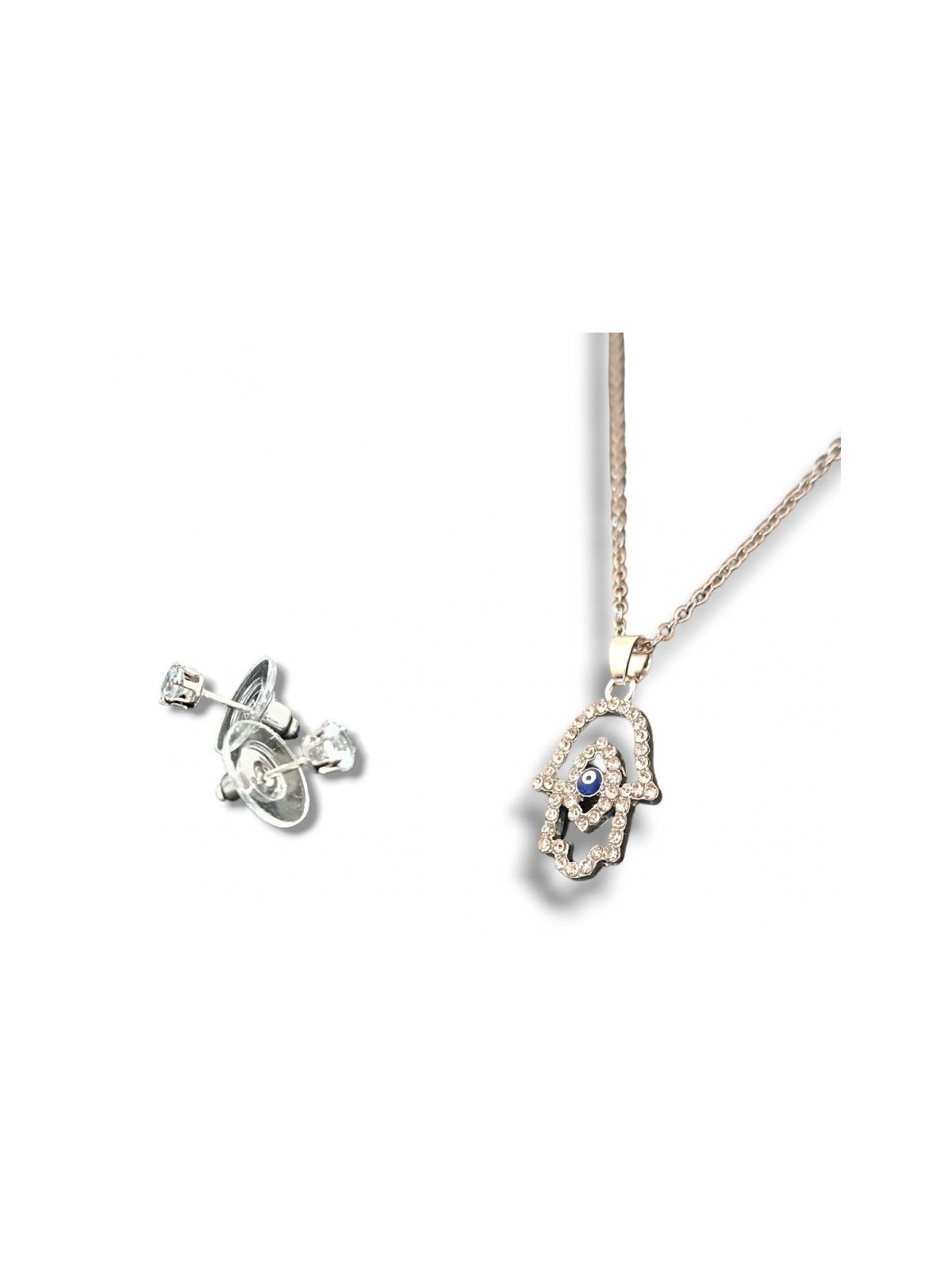 Hamsa Pendant Necklace with Stud Earrings Rhodium ... | Hamsa Necklace