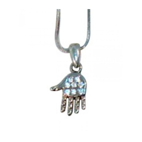 Rhodium Pendant Necklace Open Palm Hamsa with Whit... | Hamsa Necklace