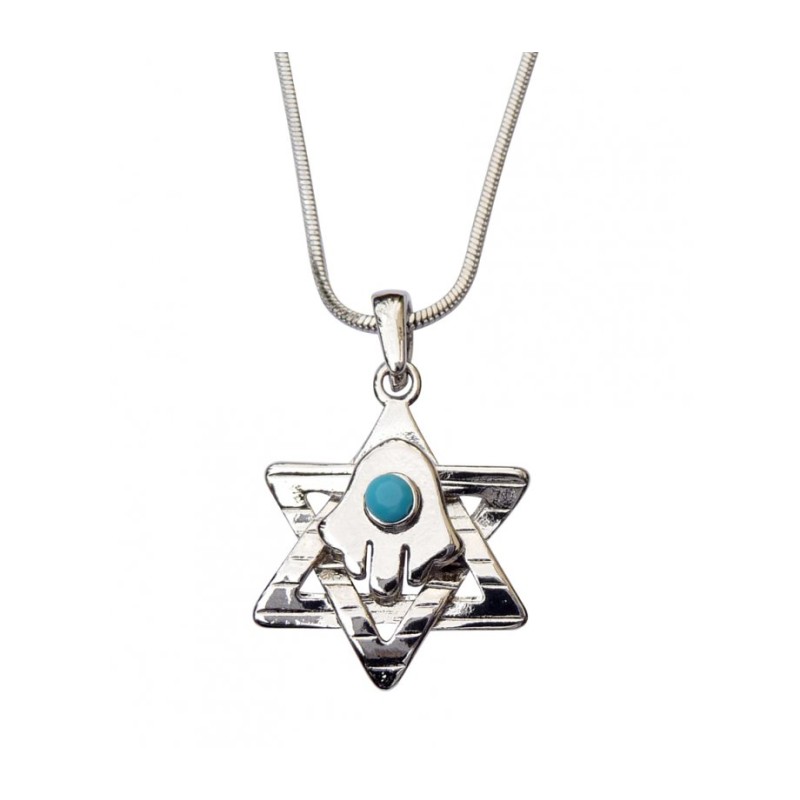 Pendant Necklace Star of David with Hamsa and Blue... | Hamsa Necklace