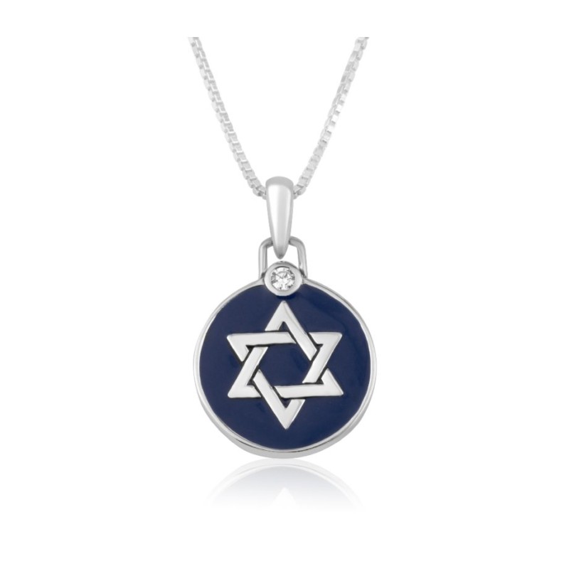 Sterling Silver Necklace Round Pendant with Star o... | Jewish Pendant