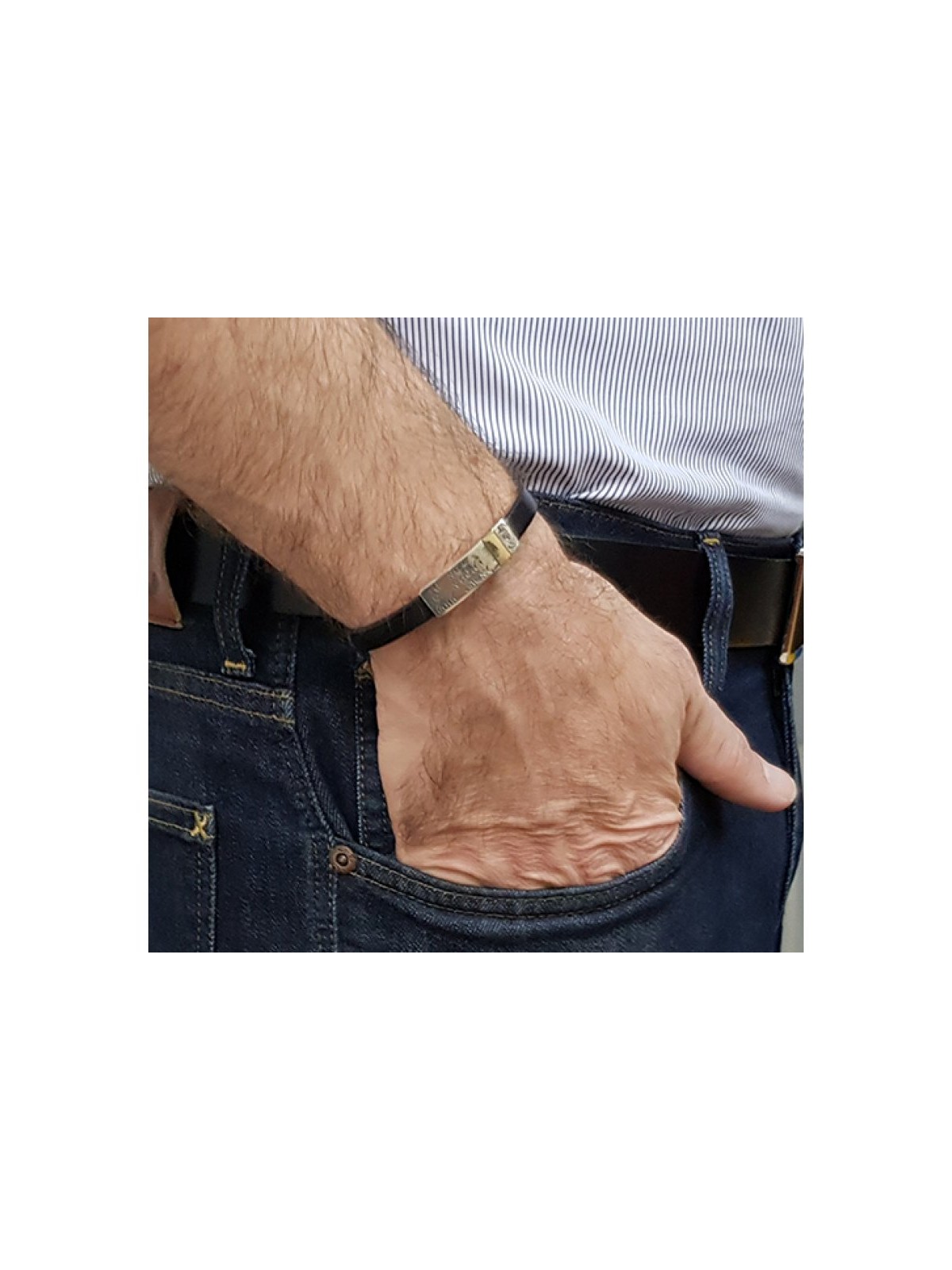 Golan Leather Men Bracelet with Sterling Silver Hebre... | Men Jewelry