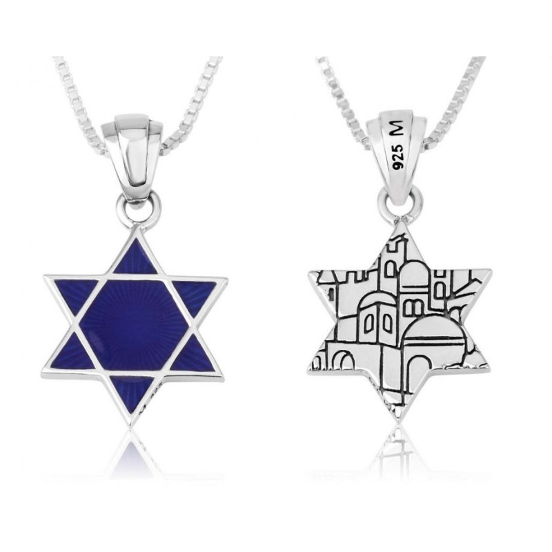 Collier pendentif en argent sterling Étoile en émail bleu... | Pendentif juif