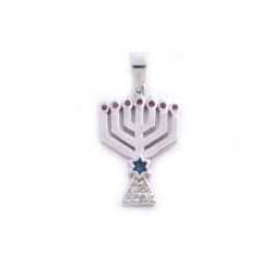 Gold Filled Silver Color Menorah Pendant with Zi... | Menorah Pendants