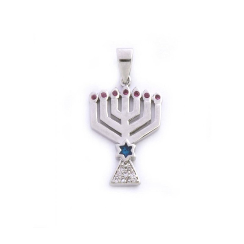 Gold Filled Silver Color Menorah Pendant with Zi... | Menorah Pendants