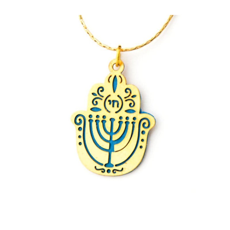 Ester Shahaf Blue Menorah Hamsa Necklace | Chai Necklaces & Pendants