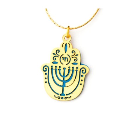 Ester Shahaf Blue Menorah Hamsa Necklace | Chai Necklaces & Pendants
